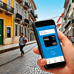 **A vibrant digital artwork showcasing the evolution of mobile payments in Portugal. The image blends old and new technologies, from SMS interfaces to modern NFC payment terminals, reflecting the growing adoption of mobile payment solutions like MB Way in bustling Lisbon street scenes.**