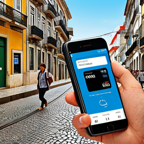**A vibrant digital artwork showcasing the evolution of mobile payments in Portugal. The image blends old and new technologies, from SMS interfaces to modern NFC payment terminals, reflecting the growing adoption of mobile payment solutions like MB Way in bustling Lisbon street scenes.**