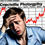 **A fluctuating line graph representing cryptocurrency price volatility, with news headlines (both positive and negative) flashing in the background. In the foreground, a confused investor scratches their head.**