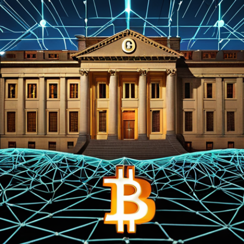 **

Prompt: "Decentralized finance concept. A digital network of interconnected nodes representing computers, with a central glowing Bitcoin symbol. Background showing a traditional bank building fading into the distance. Emphasize transparency and global accessibility."

**