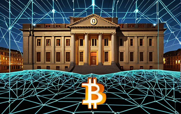 **

Prompt: "Decentralized finance concept. A digital network of interconnected nodes representing computers, with a central glowing Bitcoin symbol. Background showing a traditional bank building fading into the distance. Emphasize transparency and global accessibility."

**