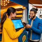 디지털 통화의 정책 방향성 - "A vibrant, modern scene depicting diverse individuals in Portugal and Brazil seamlessly engaging wi...