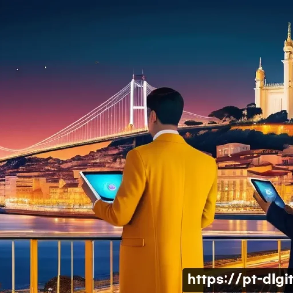 디지털 통화의 글로벌 경쟁력 분석 - **Prompt:** A dynamic, futuristic cityscape of Lisbon, Portugal, at dusk. In the foreground, a diver...