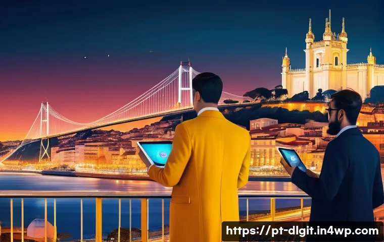 디지털 통화의 글로벌 경쟁력 분석 - **Prompt:** A dynamic, futuristic cityscape of Lisbon, Portugal, at dusk. In the foreground, a diver...