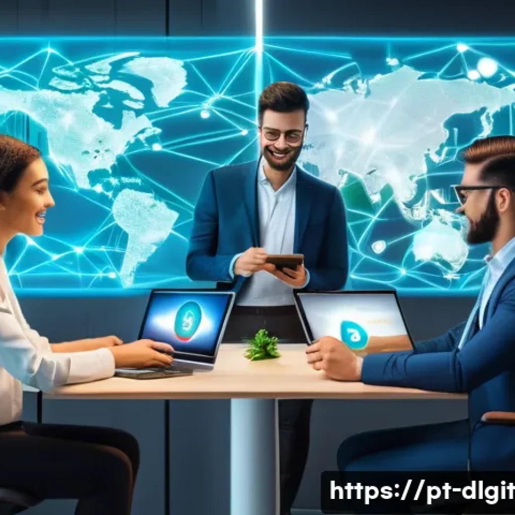 디지털 통화와 기업의 대응 전략 - A modern Brazilian fintech office scene showing diverse professionals collaborating around futuristi...