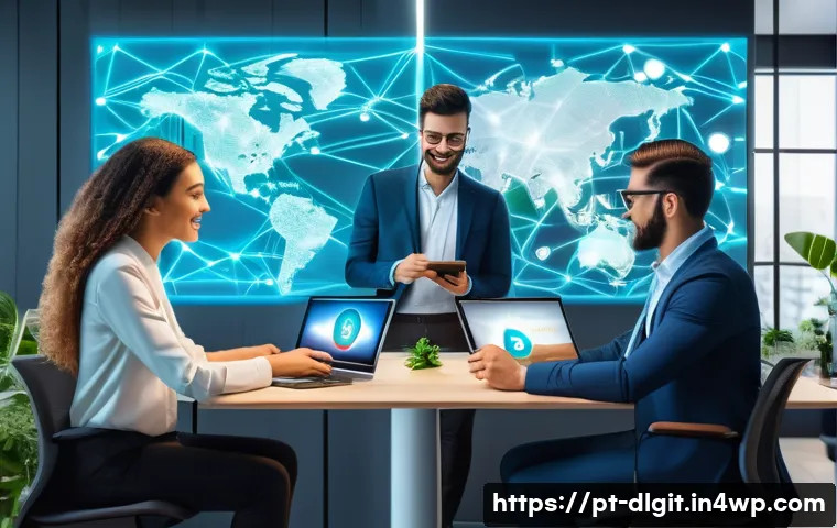 디지털 통화와 기업의 대응 전략 - A modern Brazilian fintech office scene showing diverse professionals collaborating around futuristi...