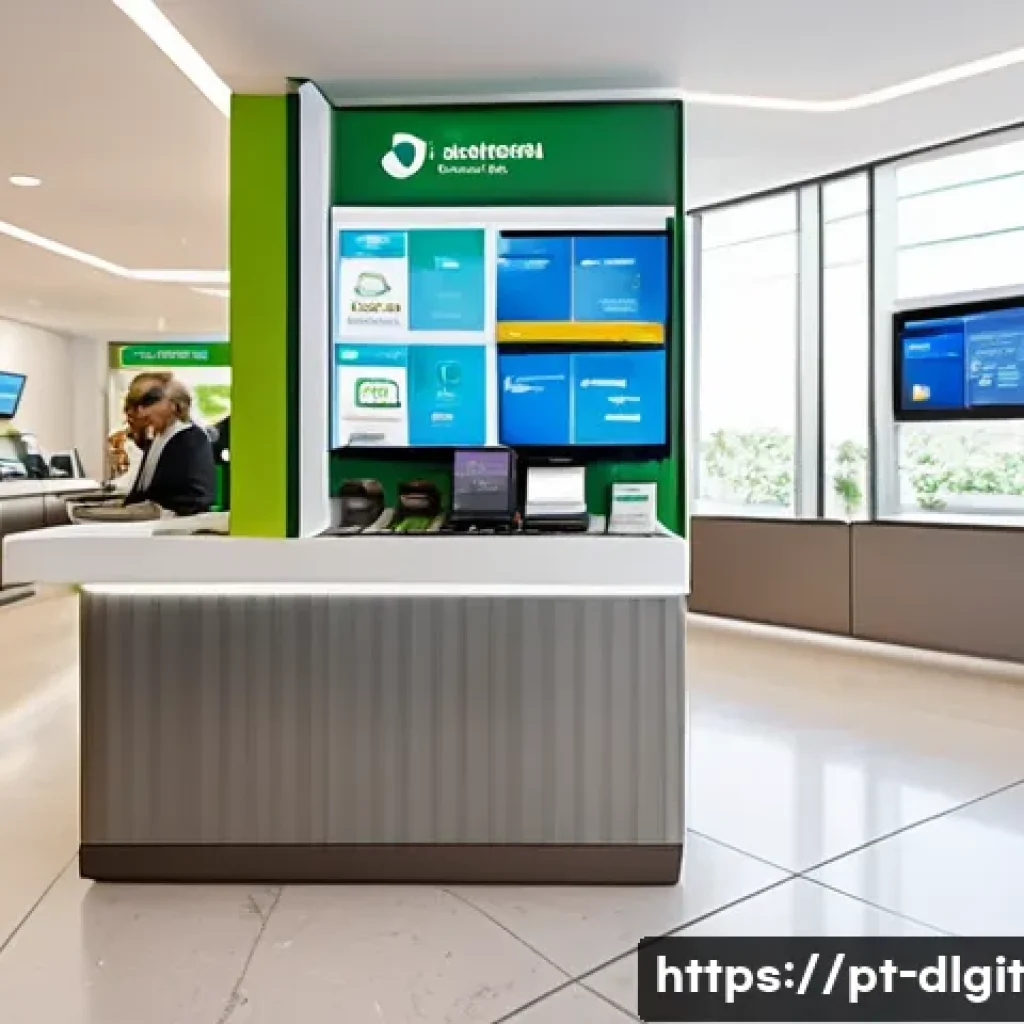 디지털 통화의 금융 혁신 사례 - A modern Brazilian bank branch interior blending traditional service counters with advanced digital ...