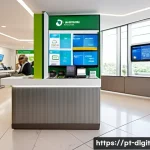 디지털 통화의 금융 혁신 사례 - A modern Brazilian bank branch interior blending traditional service counters with advanced digital ...