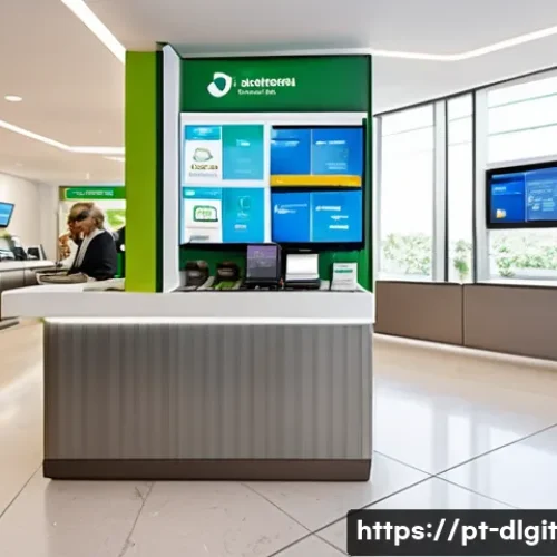 디지털 통화의 금융 혁신 사례 - A modern Brazilian bank branch interior blending traditional service counters with advanced digital ...