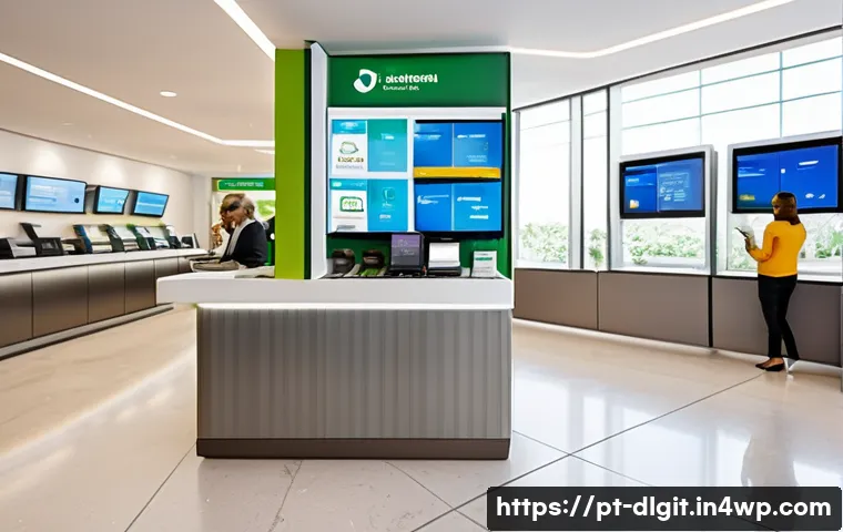 디지털 통화의 금융 혁신 사례 - A modern Brazilian bank branch interior blending traditional service counters with advanced digital ...