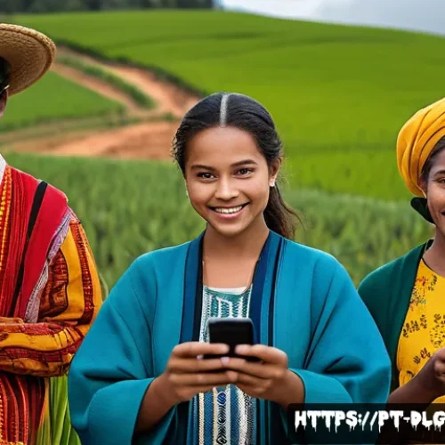 디지털 통화의 정책 수립 시 고려 사항 - A diverse group of Brazilian people in a rural setting using smartphones to access digital financial...