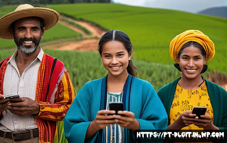 디지털 통화의 정책 수립 시 고려 사항 - A diverse group of Brazilian people in a rural setting using smartphones to access digital financial...