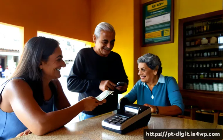 Home 17 디지털 통화의 사용 확대 방안 - Photorealistic scene in a bright Brazilian neighborhood café, an older Portuguese-speaking couple an...